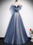 A Line Off the Shoulder Beautiful Blue Tulle Beadings Prom Dresses LBQ3597